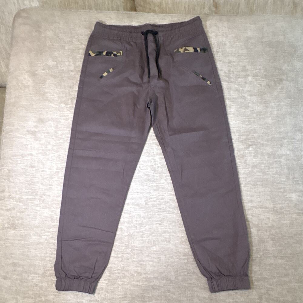 Men's Gray Jogger Pants Size L Regular Tapered Canvas Elastic Drawstring Camo